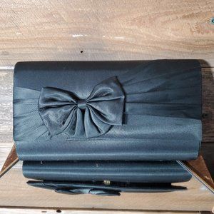 Satin Evening Purse - Black Bow, Snap Closure, Rope Handle